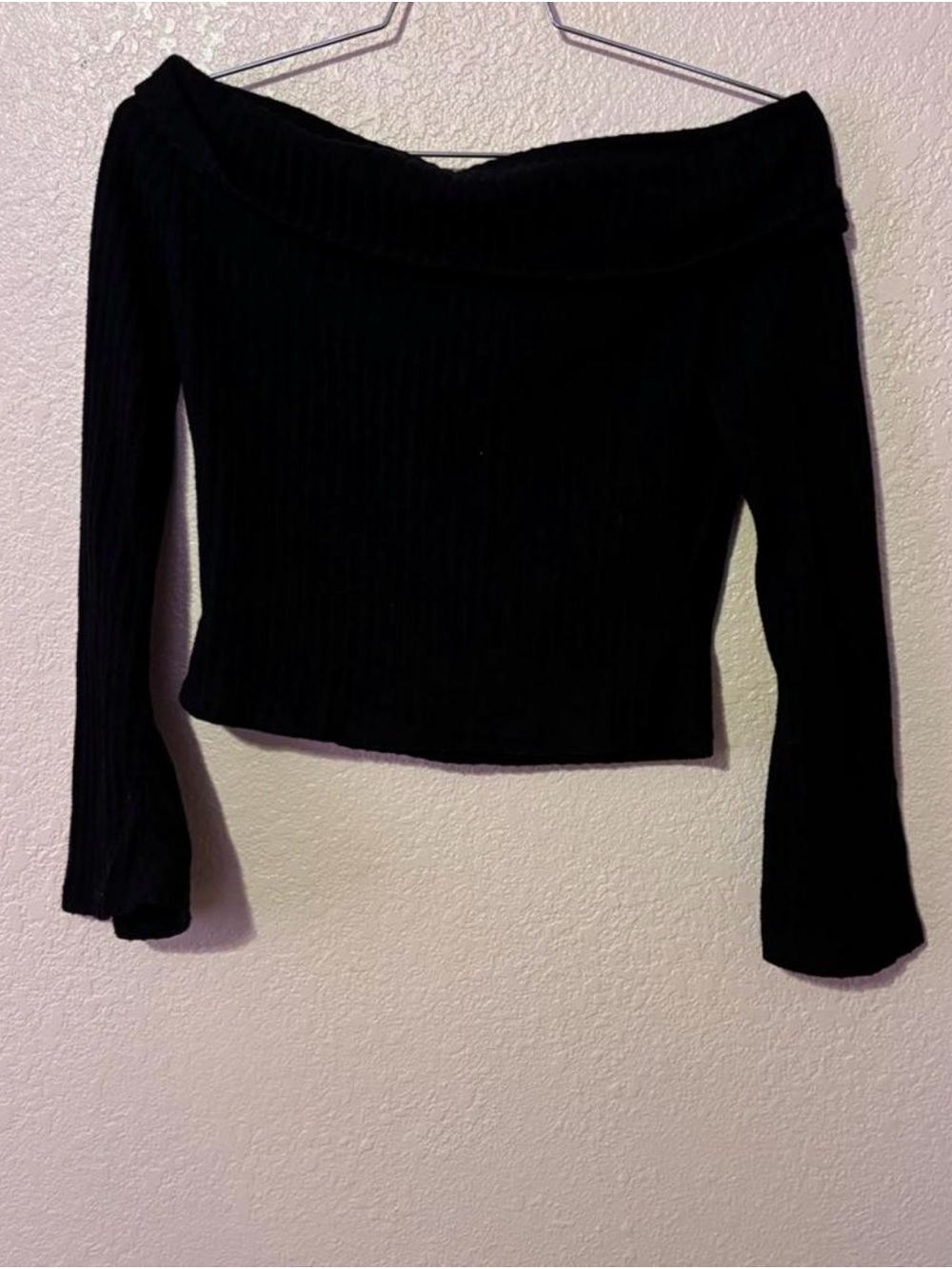 Off-Shoulder Ribbed bell Long-Sleeve Women's Sweater - Black